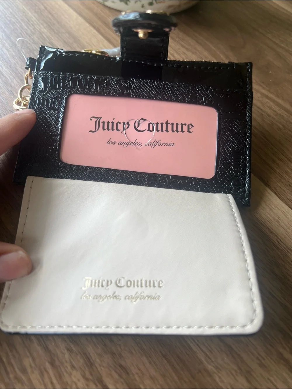 Juicy Couture Black Patent Logo Card Holder with Pink Charm